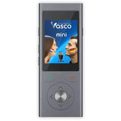 The front of the Vasco Mini 2 universal translator in a pocket-size